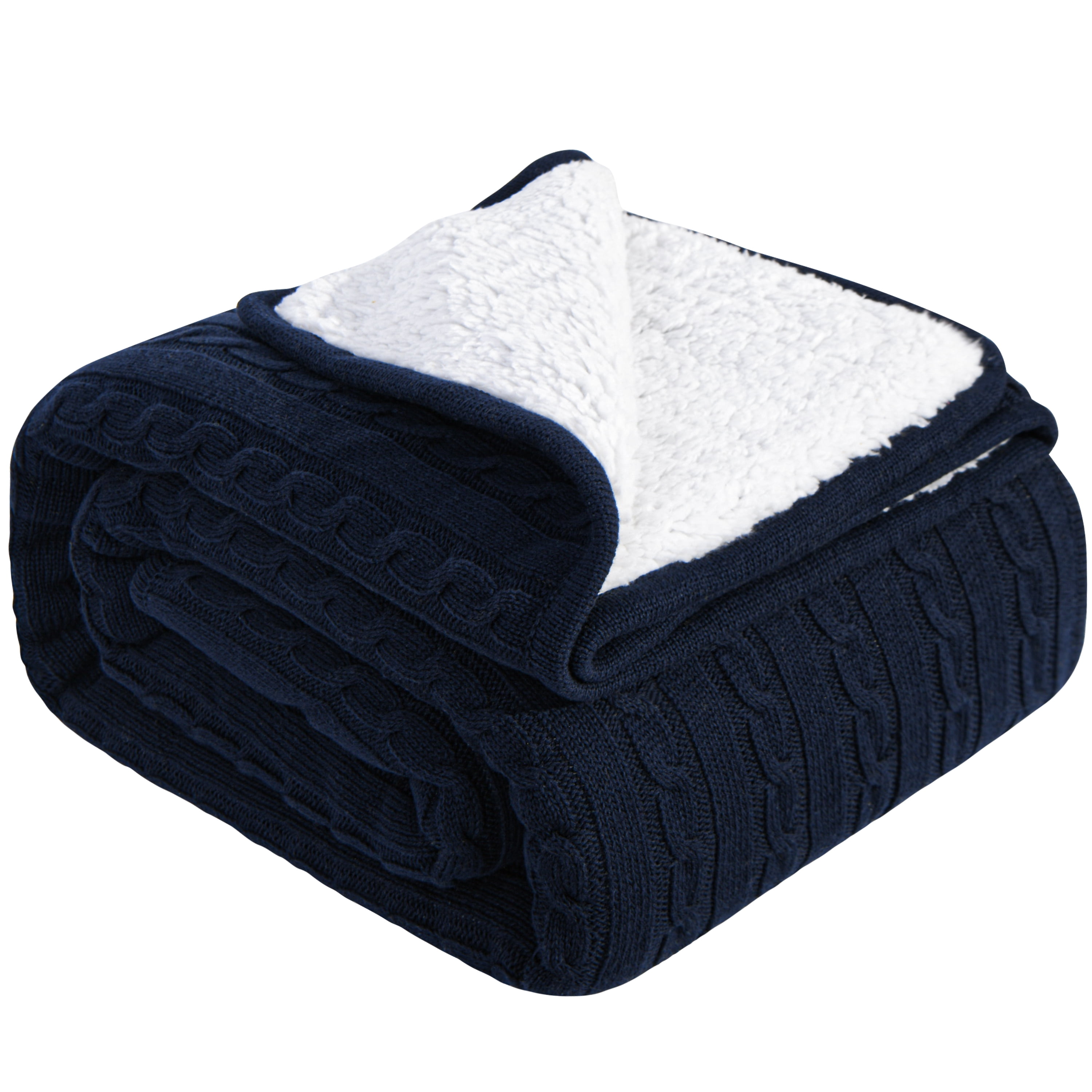 Ntbay Cotton Cable Knit Sherpa Twin Blanket for Couch, Soft Warm Fleece Knitted Throw for Bed, Sofa, Chair - Extra Cozy, Machine Washable, Comfortable Home Decor, 60"x80", Navy Blue