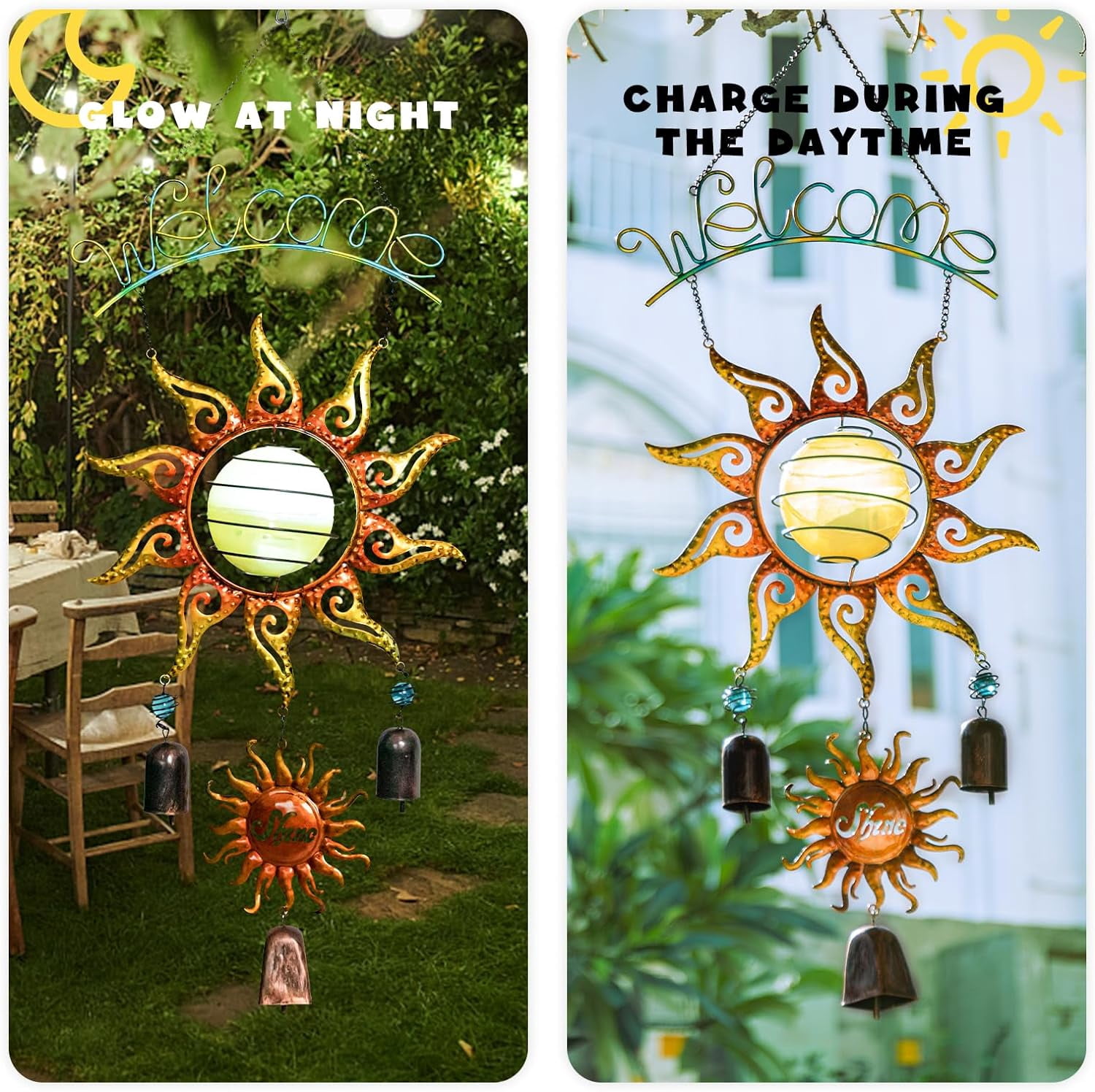Outdoor Solar Wind Chime, Sun Image Decoration, Hanging Solar Wind Chime, Metal Bell, Deep And Soothing Tone, Suitable For Patio, Garden, Perfect Gift