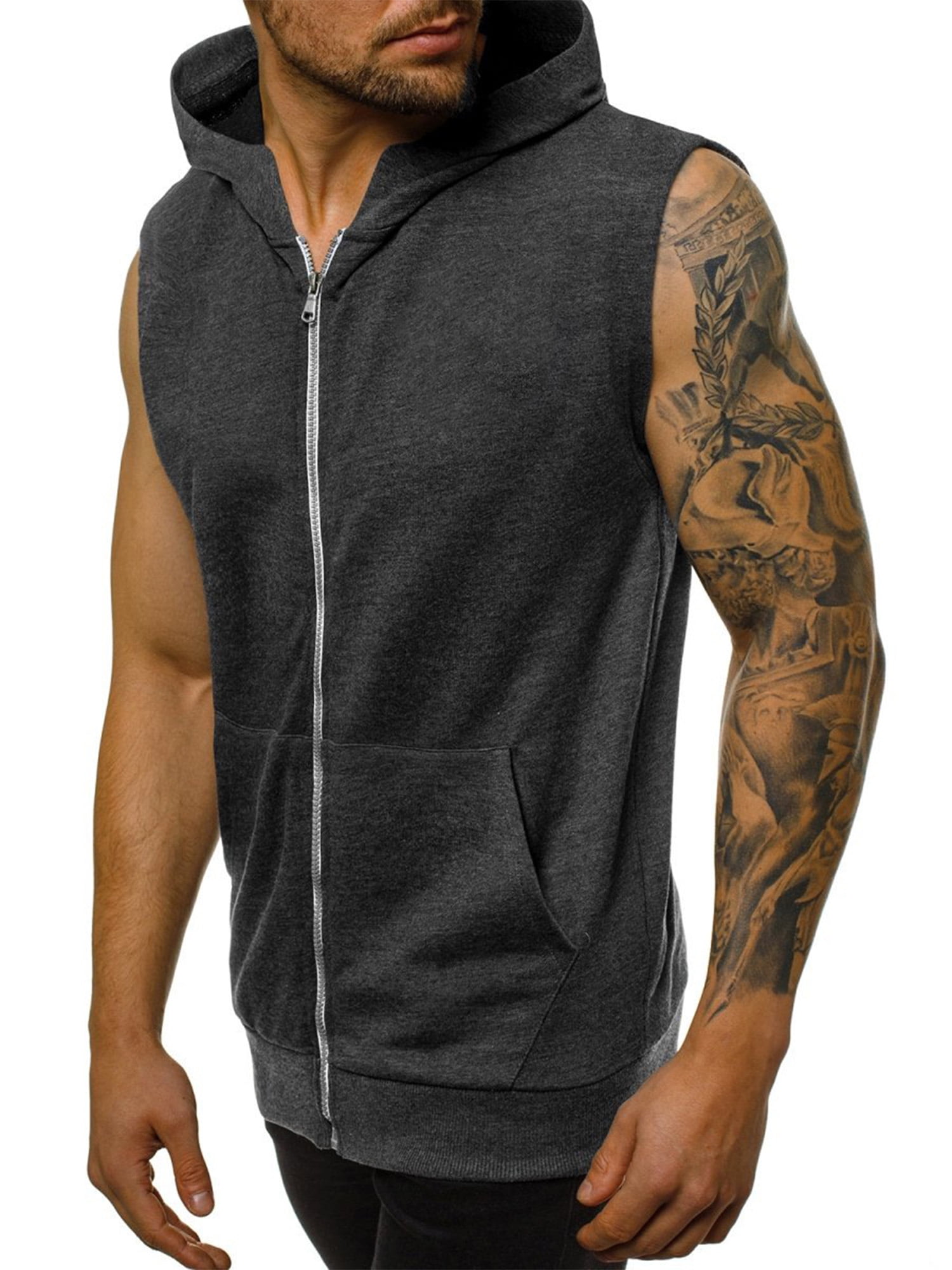Men's Sleeveless Zipper Vest Hoodie Sports Workout Muscle Tank Tops Blouse Shirt
