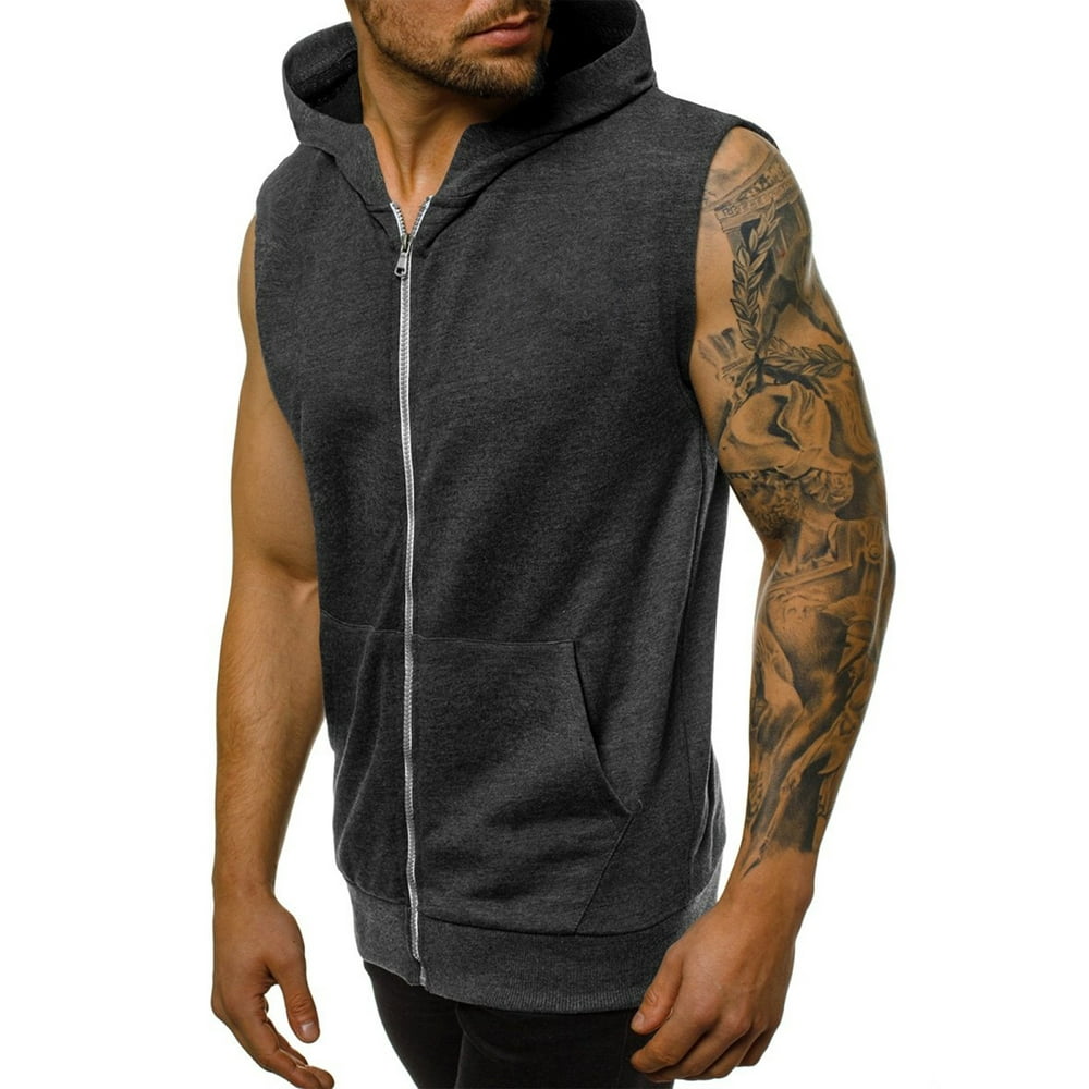 Niuer Niuer Mens Bodybuilding Sleeveless Hoodie Zipper up Gym Exercise Tank Tops Pockets