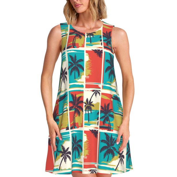 Disketp Colorful Hawaii Palms para Vestido sin Mangas para Mujeres, Vestidos de Verano para Mujeres, Casual y Holgado para la Playa