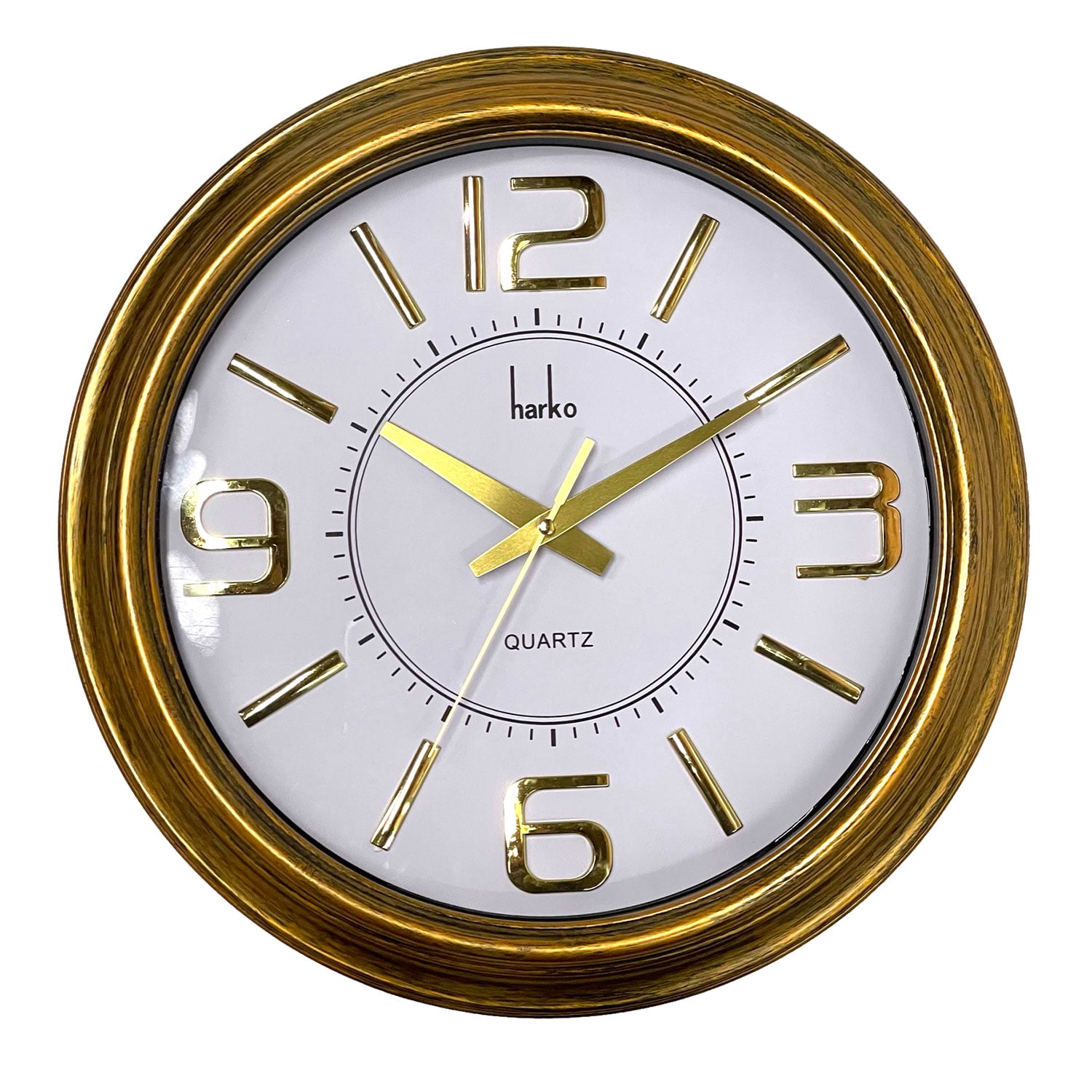 Harko Round Wall Clock with Raised Numbers, Gold, 14 Inches