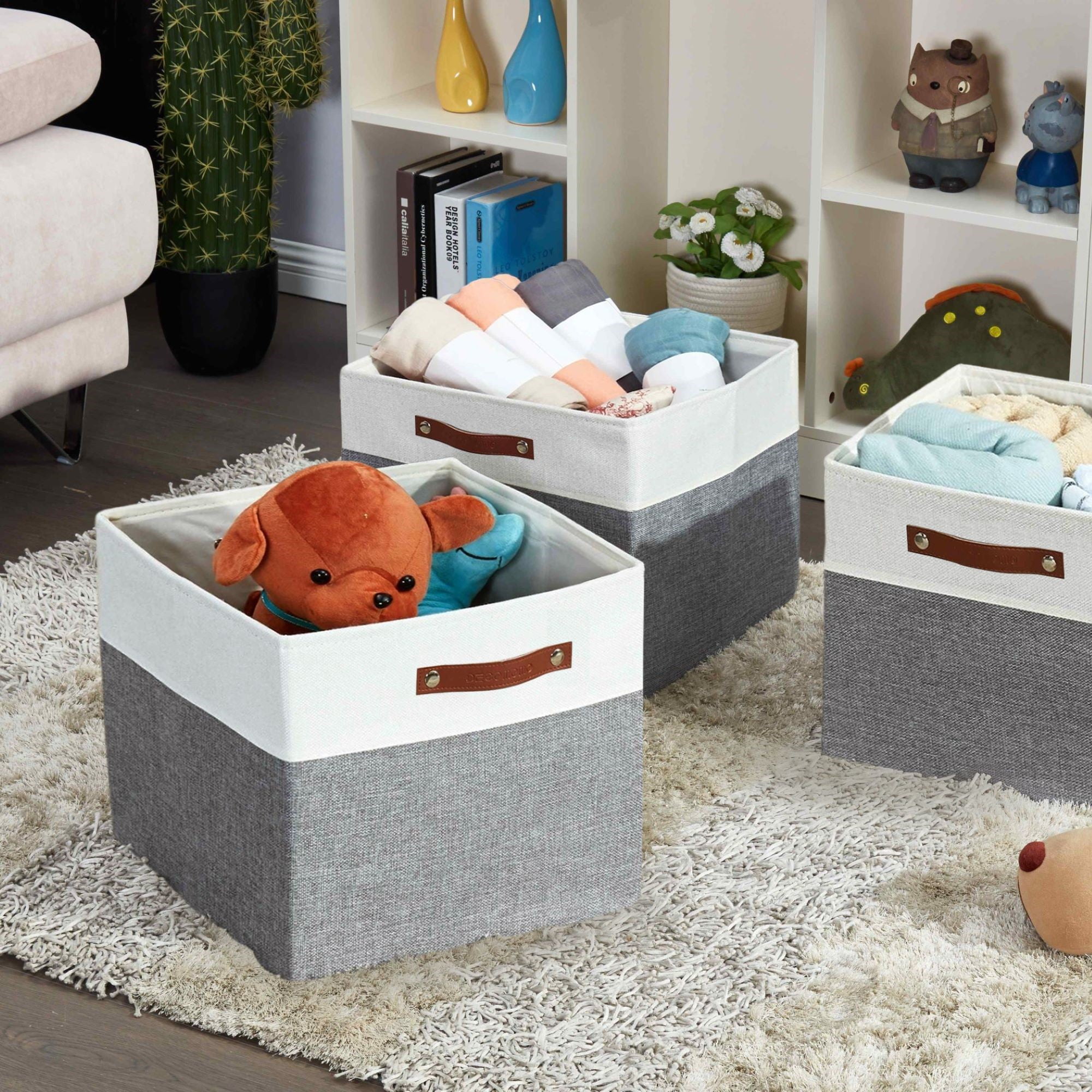 DECOMOMO Fabric Storage Baskets 13" x 15" x 13" Collapsible Storage Bins (Grey and White, Set of 3)