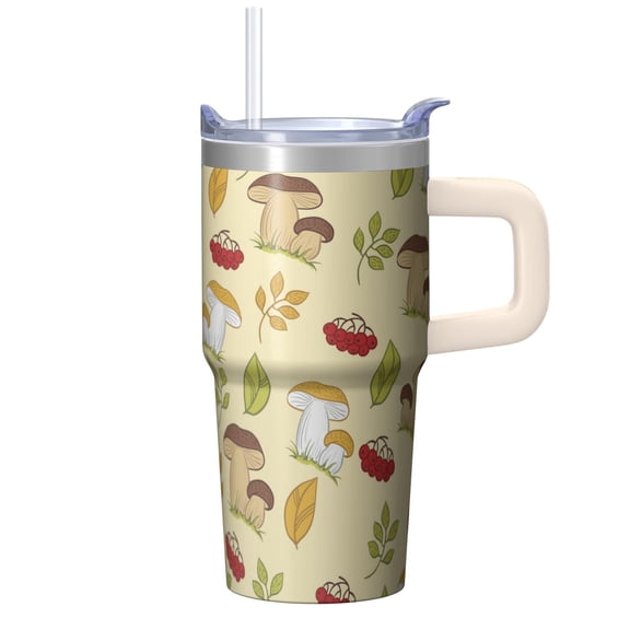 20oz Reusable Tumbler with Handle, Botanical Plant Design Double Wall Insulated Stainless Steel Metal Cup with Straw