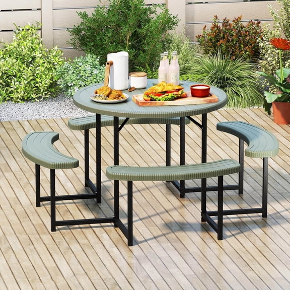 Harmijoy Round Picnic Table Bench Set with 4 Benches Umbrella Hole All Weather Tabletop