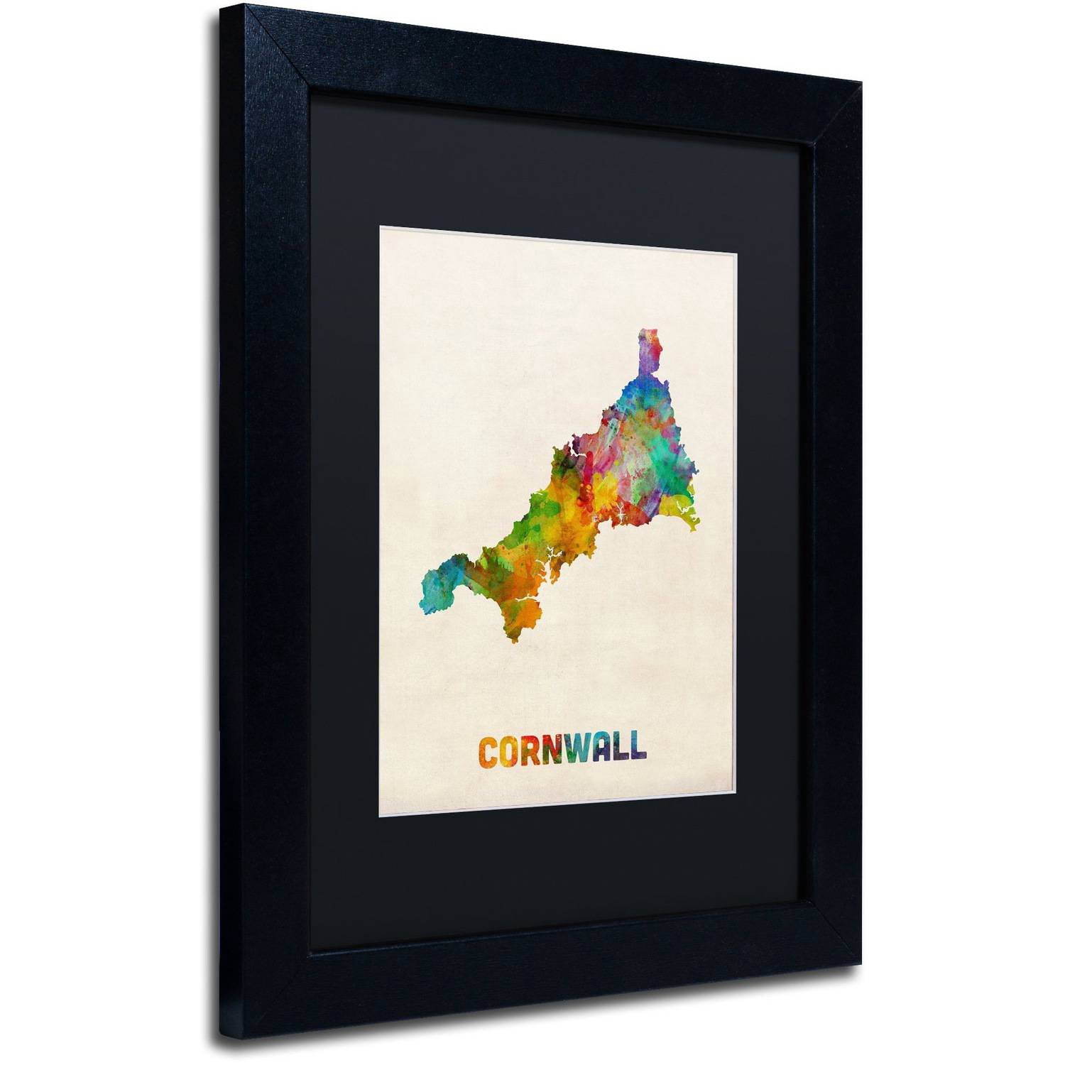 Trademark Fine Art 'Cornwall England Watercolor Map' Canvas Art by Michael Tompsett, Black Matte, Black Frame