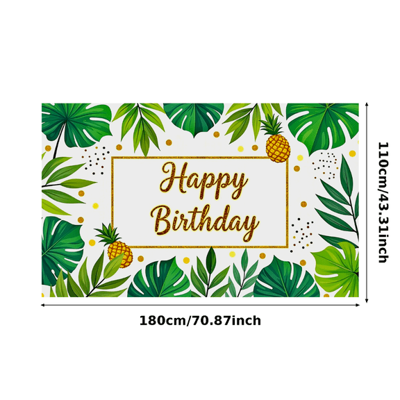 Tropical Themed Happy Birthday Banner with Pineapples and Green Leaves Background Party Decoration Photography Props Backdrop for Birthday Parties Summer Events and Photo Shoots