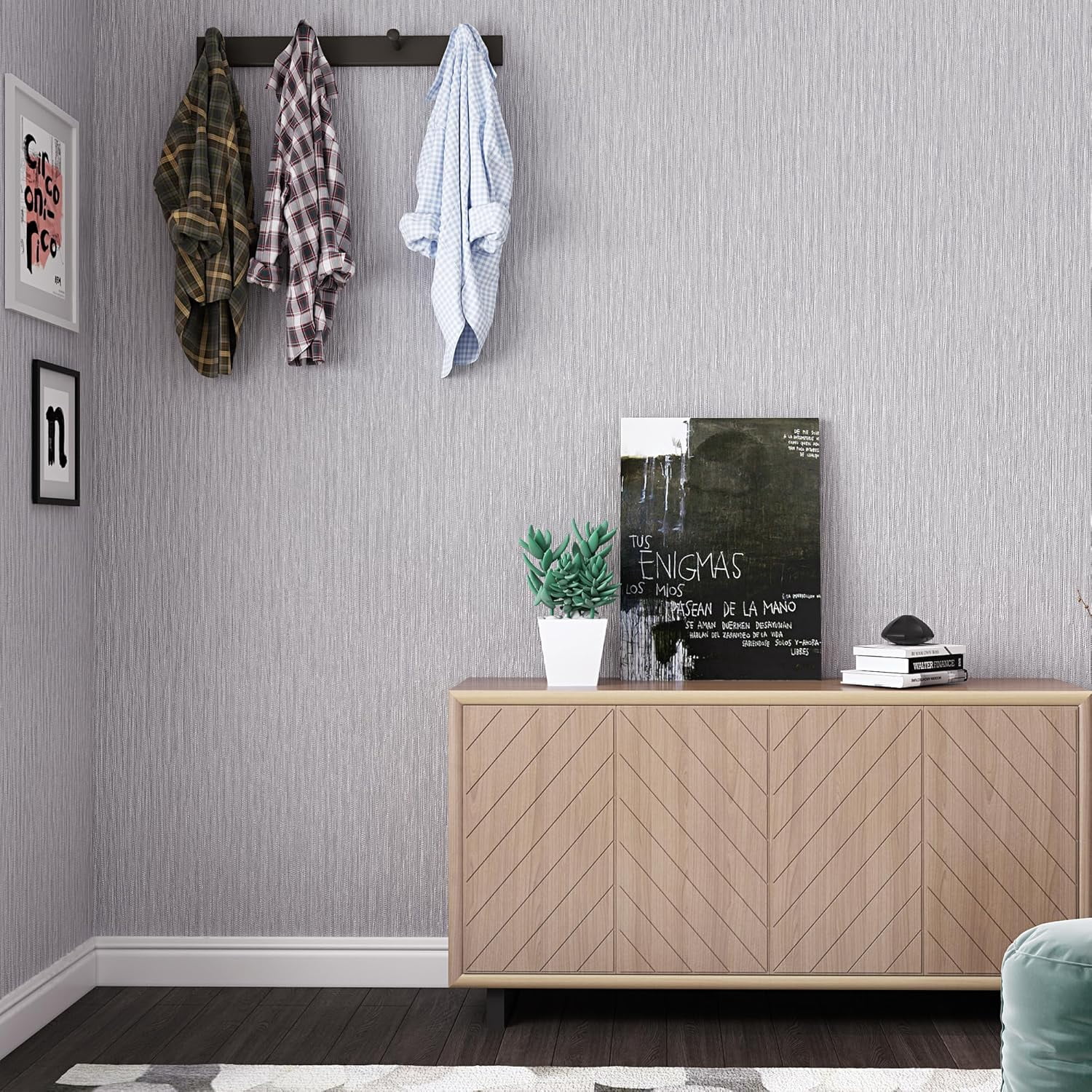 Grasscloth Wallpaper Peel and Stick 20.9in X 393in Fabric Contact Paper Wall Paper Textured Wallpaper Vertical Stripes Look Self-Adhesive Thick Vinyl Embossed Film