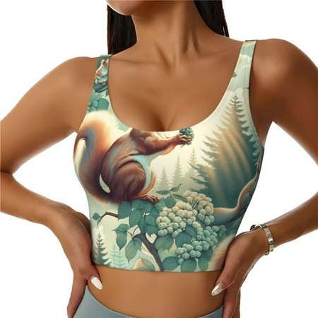 Adobk Forest squirrel surreal Print Sports Bras for Women Longline Workout Crop Tank Tops Padded with Built in Shelf Padded Sports Bra-XX-Large