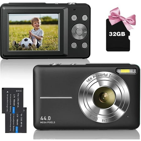 Digital Camera Kids Camera FHD 1080P 44MP Vlogging Camera with 16X Digital Zoom Portable Mini Digital Camera for Kids Teens Seniors with 32GB Card (Black)