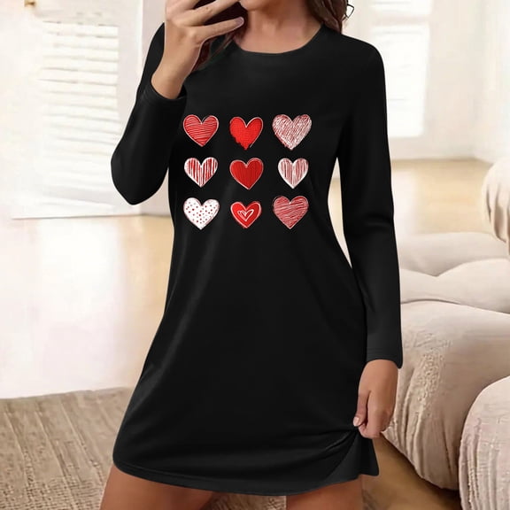 uublik Pajama Dress For Women Valentine's Day Night Shirts for Sleeping Pullover Nightgown Soft Nightdress Black