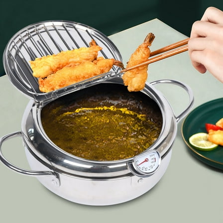 Modern Silver Deep Fryer, Stainless Steel Deep Fryer, Deep Fryer Pot with Thermometer 7.8*7.8in Equipped with a Precision Oil Thermometer