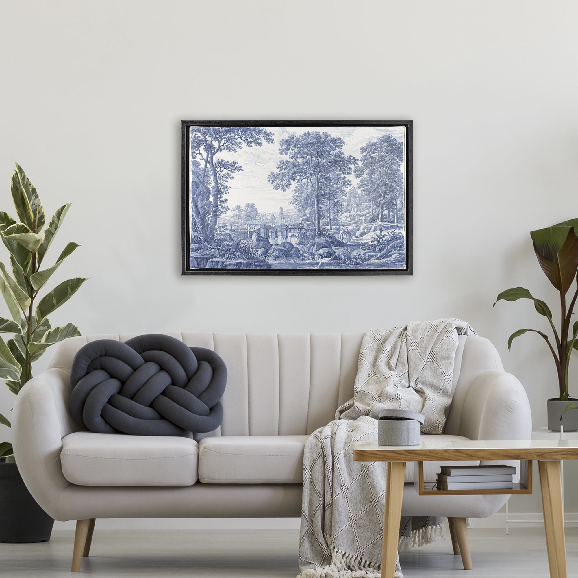 Vintage Blue Tinted Toile Black Framed Floater Canvas Wall Art, design by Vintage Hustle