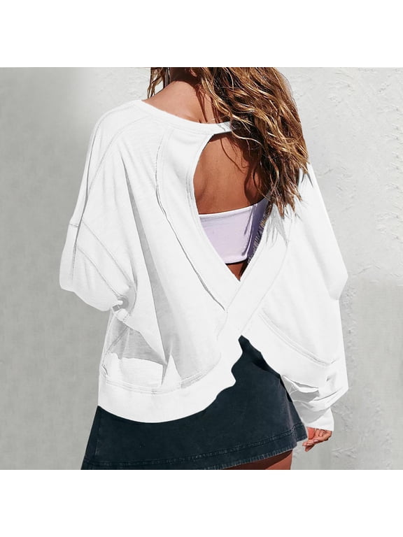 Open Back Workout Tops For Women Baggy Long Sleeve Athletic T Shirt Backless Round Neck Gym Running Yoga Crop Tops Women Dressy Tops Ladies Summer Tunics Layering Tops plus Size Packs Tail Tops V Neck