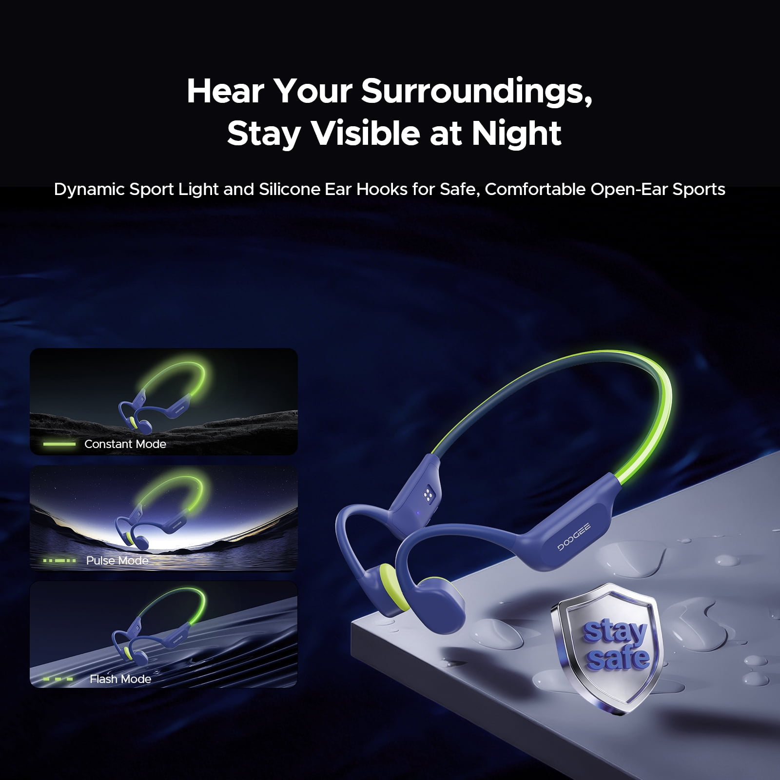DOOGEE Bone Conduction Swimming Headphones, IP68 Waterproof Open Ear Headphones with 32GB MP3 Player, Bluetooth Audio and LED Safety Light