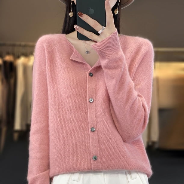 Suéter de lana de otoño e invierno, cárdigan de cuello redondo, suéter casual de color sólido para mujer, ropa de mujer a juego