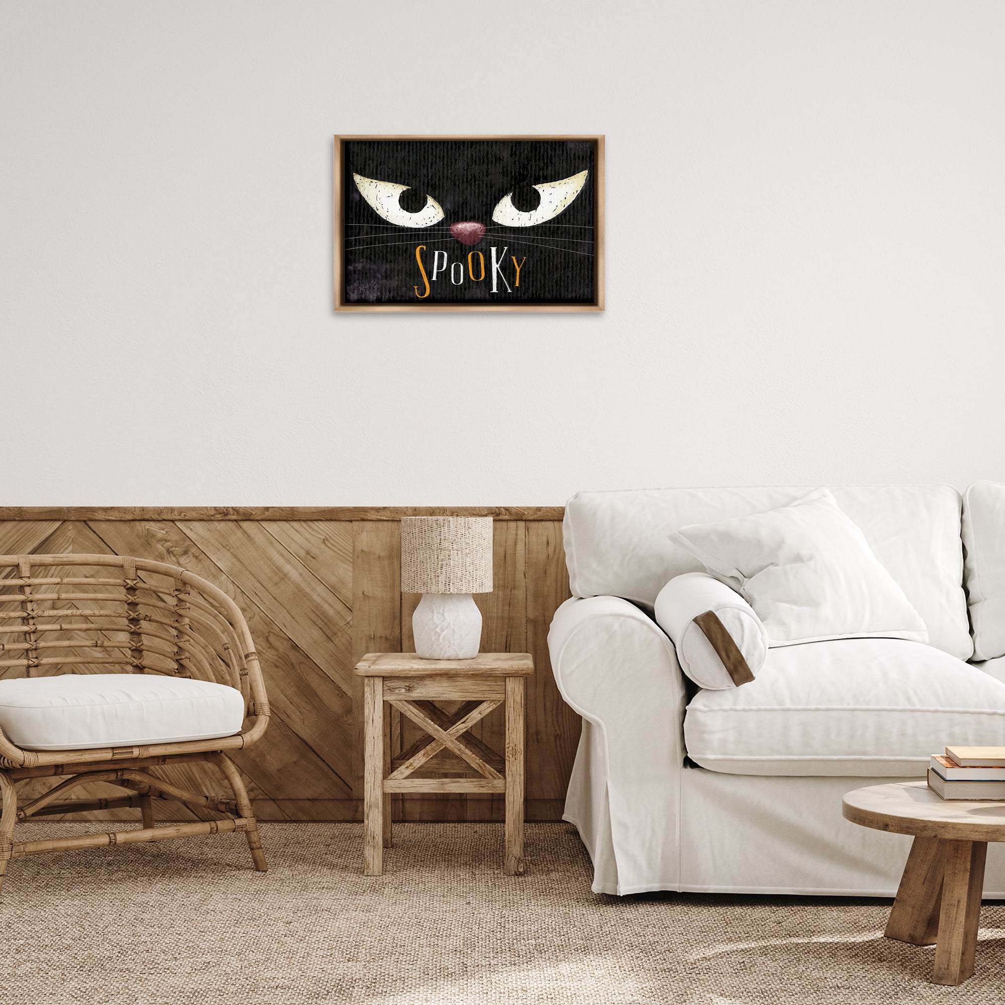 Stupell Industries Spooky Cat Eyes Animals Painting Brown Floater Framed Canvas Art Print Wall Art, 25 x 17