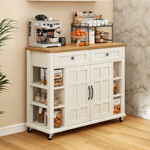 Dextrus Kitchen Island on Wheels with Drawers and Doors, Kitchen Storage Cart with Countertop and Adjustable Shelves, off White
