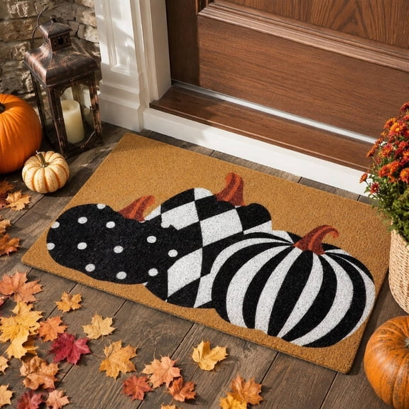 Fall Pumpkin Door Mat Welcome Farmhouse Entrance 31x47 in, Imitation Coir Outdoor Mat Front Porch Rug, Autumn Thanksgiving Decor Buffalo Check Non-slip