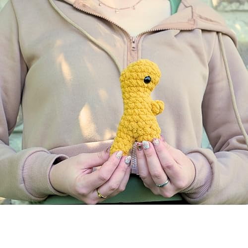 Crochet Kit for Beginners, Crafts for Adults, Fun Stuff -Step-by-Step YouTube Starter Kit - Thick Chenille Yarn and Craft Supplies Included, Cute Amigurumi Art Kit - Dino Nugget