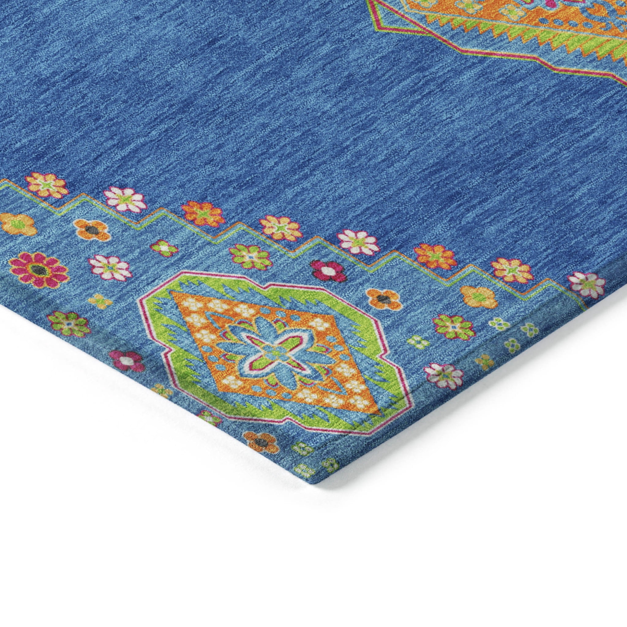 9' X 12' Denim Blue Red And Green Oriental Washable Indoor Outdoor Area Rug