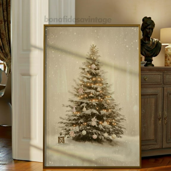 Vintage Christmas Tree Print, Christmas Decor Print Wall Art, Neutral Antique Holiday Christmas Tree Painting, 12x18 UNFRAMED