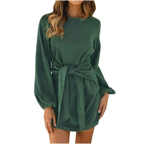 Vestidos Para Mujer Vestidos de Otoño Cuello Redondo Moda Manga Larga Delgado Color Sólido Mini Vestido Suelto Con Cinturón Odeerbi ODB154920
