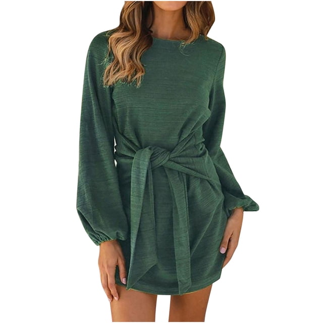 Vestidos Para Mujer Vestidos de Otoño Cuello Redondo Moda Manga Larga Delgado Color Sólido Mini Vestido Suelto Con Cinturón Odeerbi ODB154921