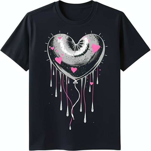 Trendy Black T-Shirt with Glittery Silver Heart Graphic & Pink Drips