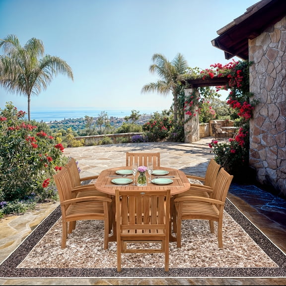 7 Piece Teak Wood Outdoor Patio Dining Set including Round to Oval Extension Table with 6 Abacho Arm Chairs