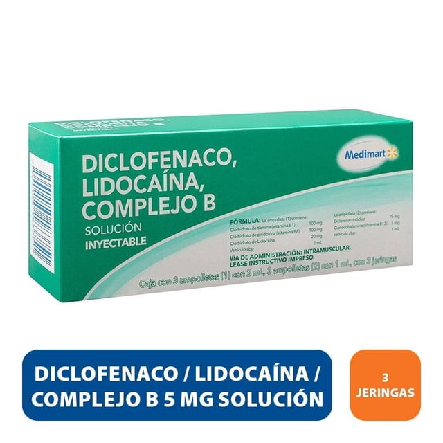 Diclofenaco Lidocaína Complejo B Medimart 5 mg solución inyectable 3 ampolletas 3 jeringas