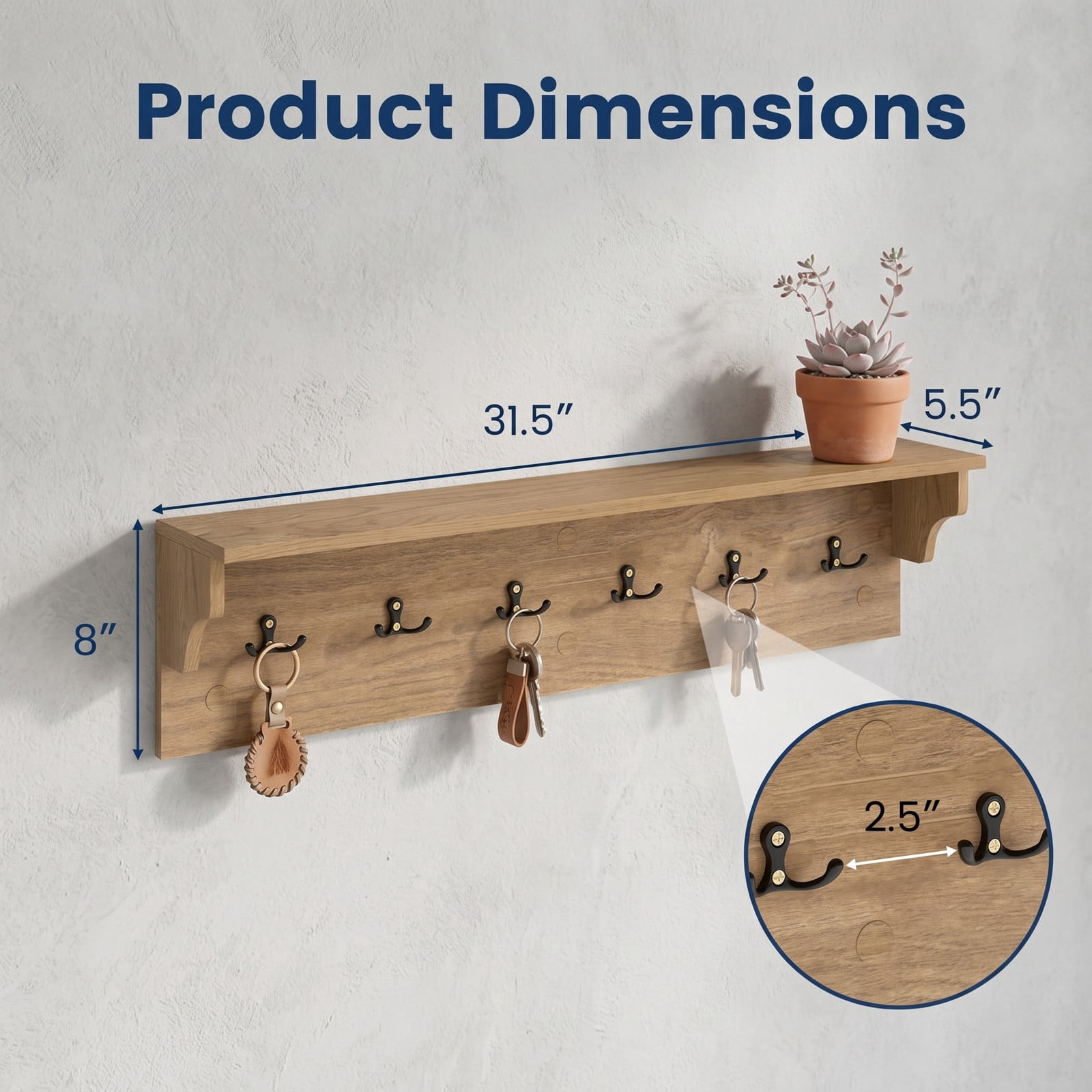 Furnibear Wall Mounted 31.5 inch Wooden Coat and Hat Rack with Top Shelf and 6 Hooks for Hats Towels Purses and Robes, Natural