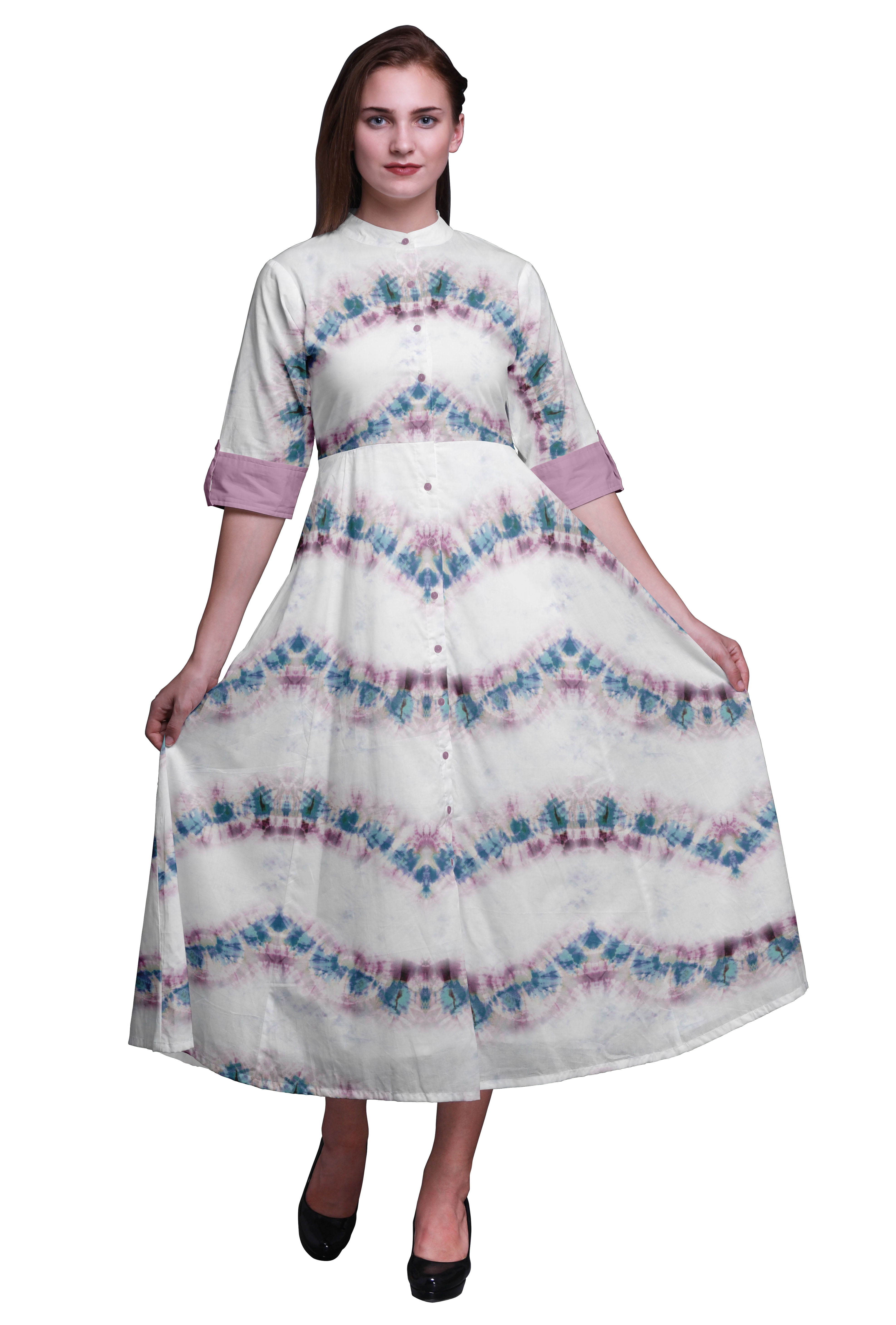 Bimba Women's Button-Down Shirt Dress - Print Mandarin Collar, Roll-Up Sleeves, Mid-Calf Length - View #6