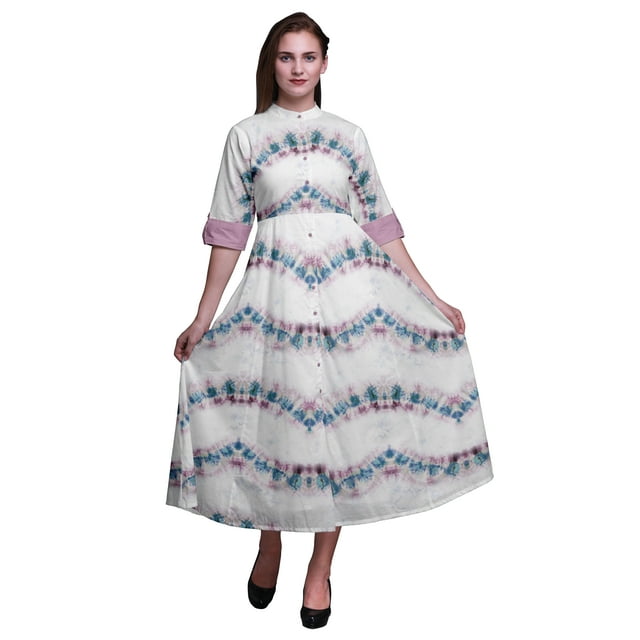 Bimba Robe Chemise Teinture sur Nœuds à Boutons, Imprimé, Col Mandarin, Manches Retroussables - Grande