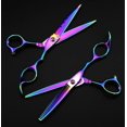 thumbnail image 2 of Juego de tijeras de peluquería de 15 cm (6 pulgadas) de acero japonés con acabado arcoíris y tijeras de entresacar para barberos., 2 of 4