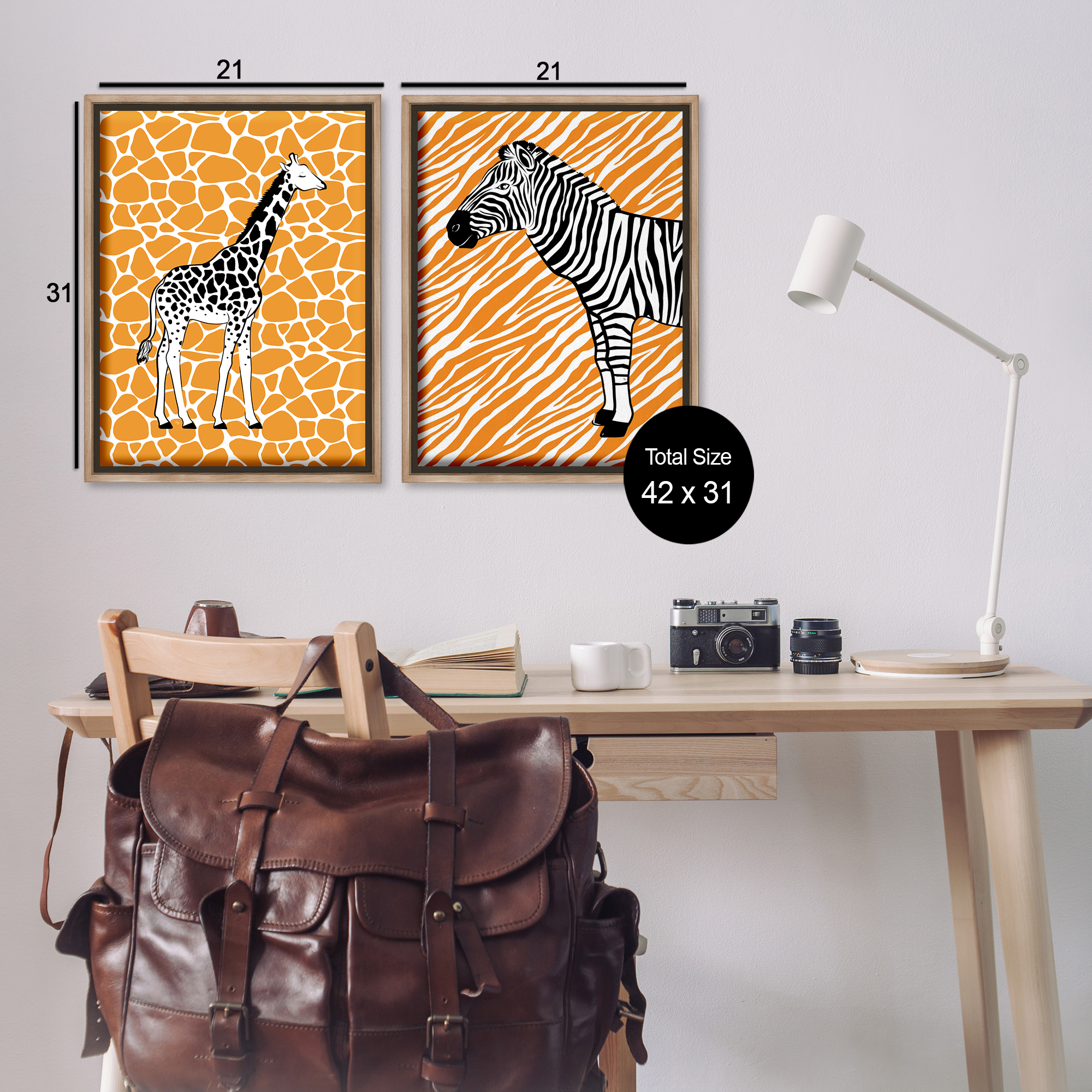 Stupell Industries Jungle Animals on Orange Animals Painting Brown Floater Framed Canvas Art Print Wall Art, 21 x 31, Set of 2