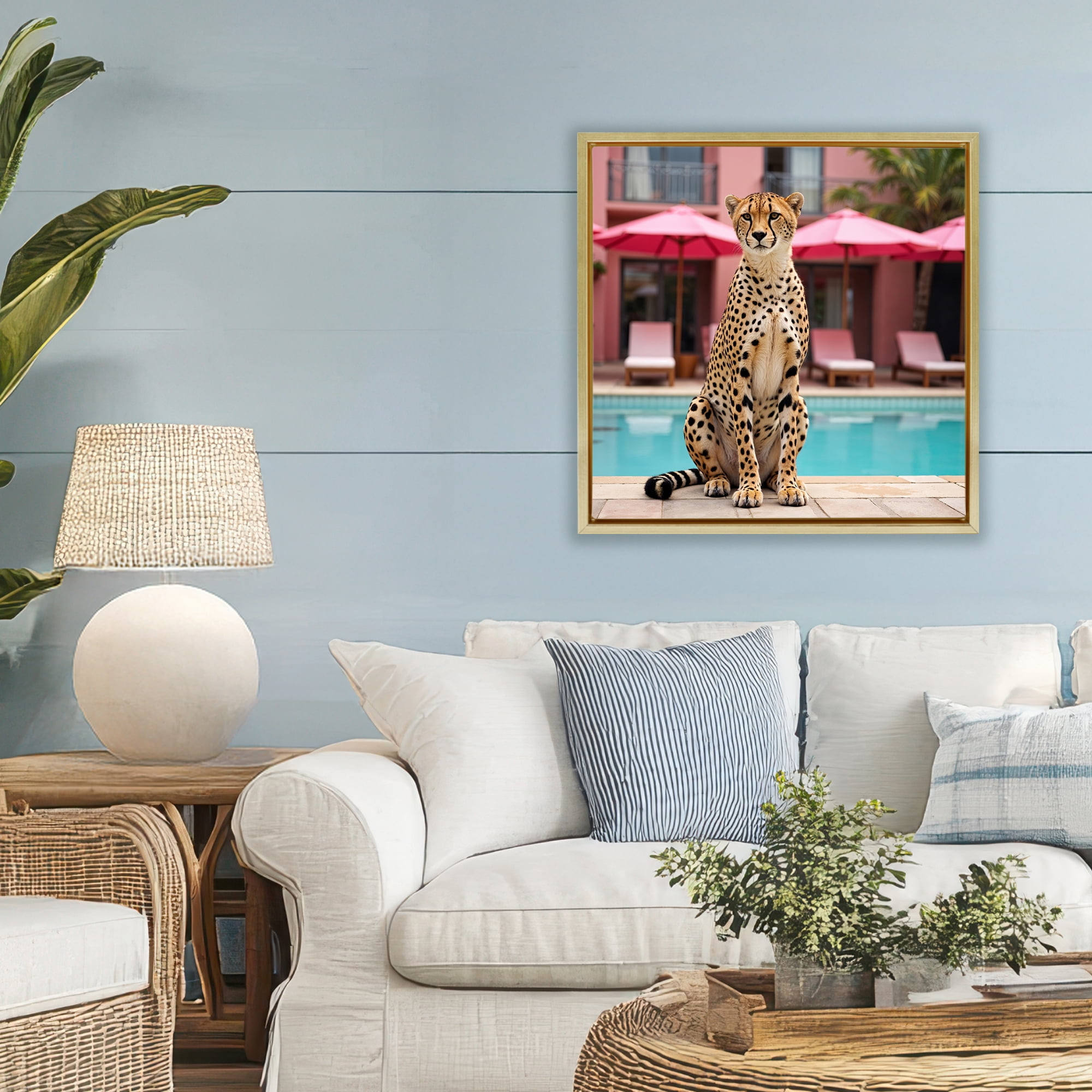 Cheetah Posed at Poolside Gold Framed Floater Canvas Wall Art, design by Lettered and Lined