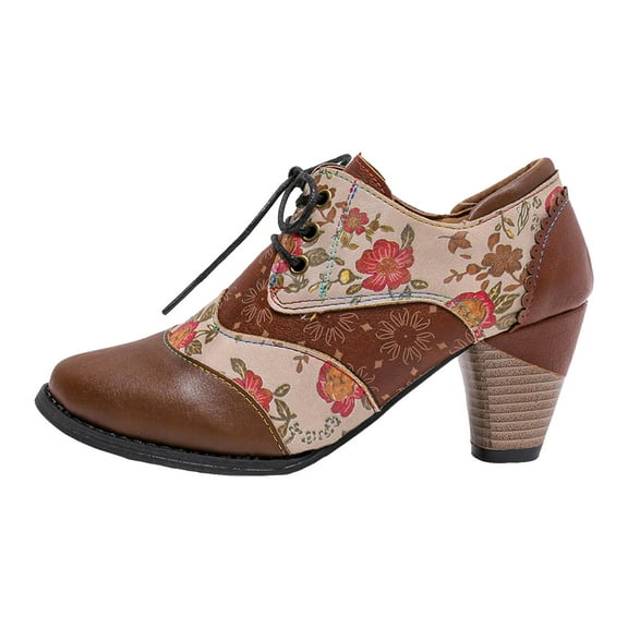 Juosiy Ankle Boots for Women Vintage Floral Print Pointed Toe Mid Heel Lace Up Short Booties