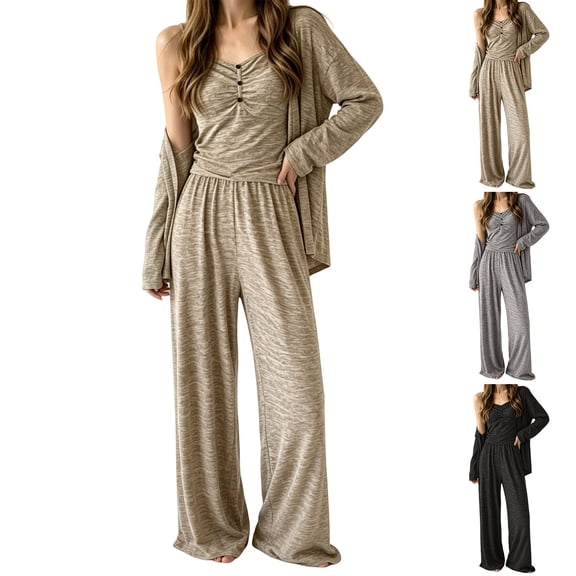 Women's Three Piece Pajama Loungewear Sets, Spaghetti Strap Camisole, Open Front Robe & Elastic Waist Long Pants, Elegant Solid All Season Wearable Indoor Relaxation | TruHer,Black L