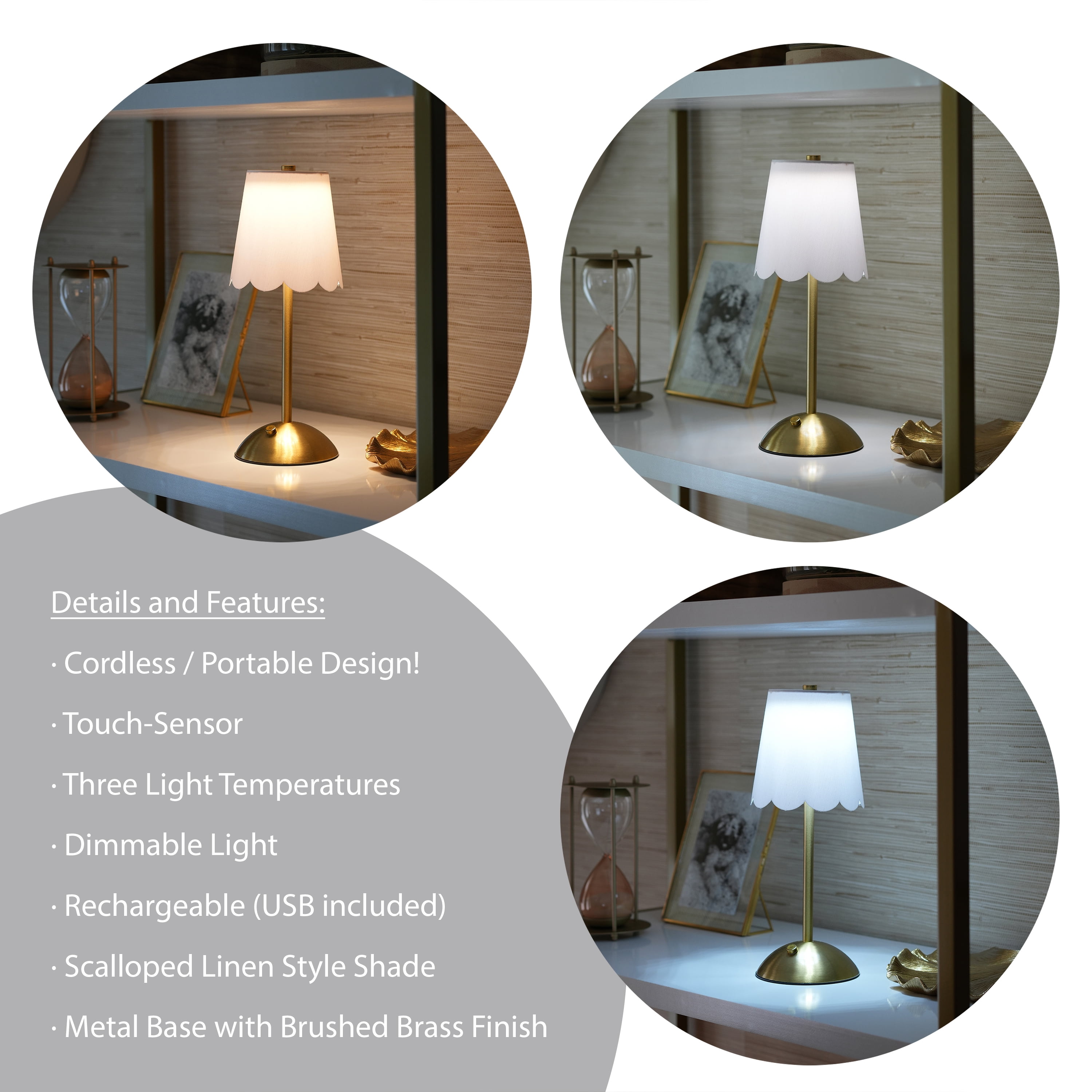 (2 pack) Home Decor Collection Sterling & Noble Home Cordless Rechargeable 11.9" Brass Table Lamp with Dimmable 3 Option Lights