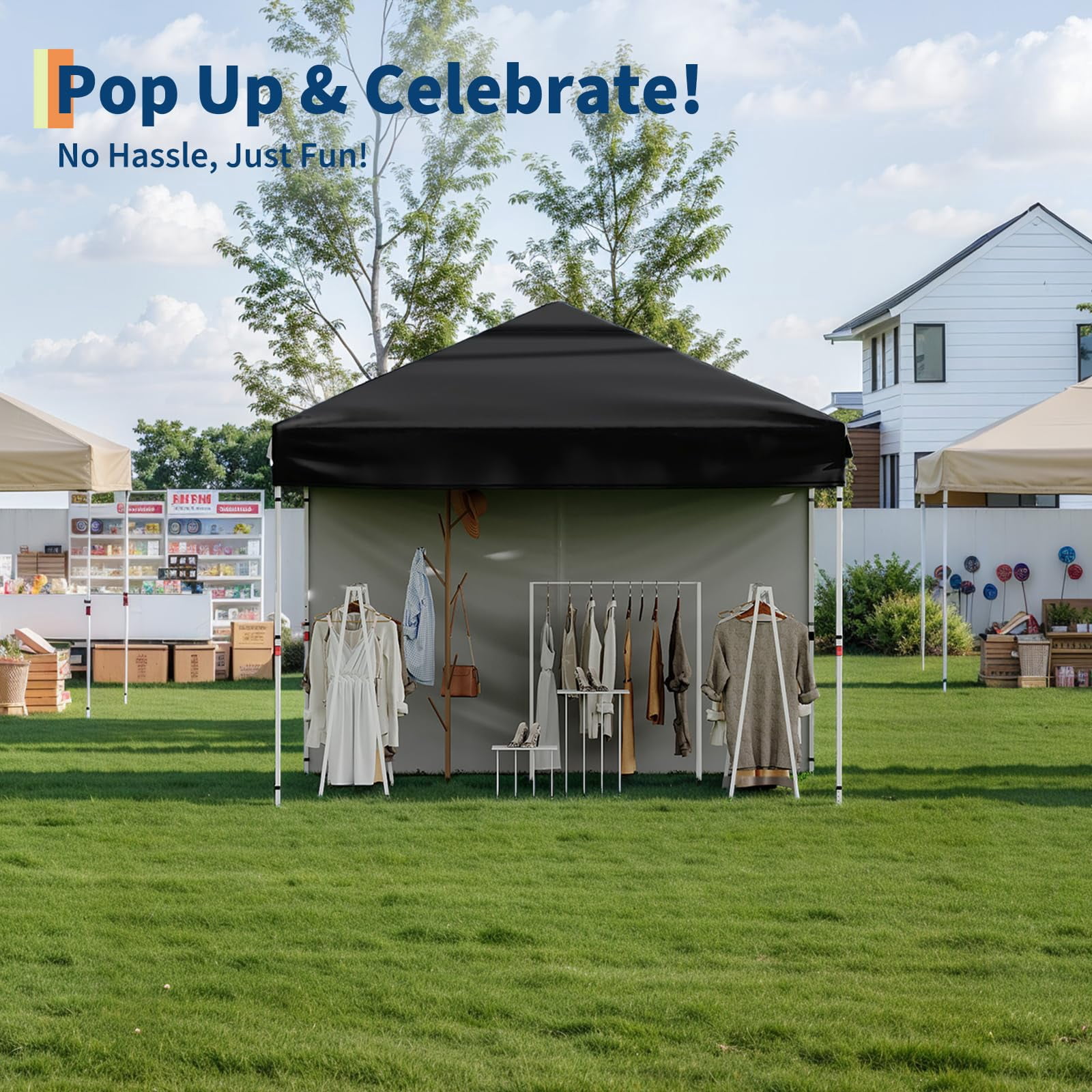 Heavy Duty Pop Up Canopy Tent 10x10 FT – Waterproof Outdoor Shelter with UV Protection – Collapsible 210D Oxford – Center Lock – 1 Sidewall – Easy Setup for Picnics, Camping, Beach, Events – Black