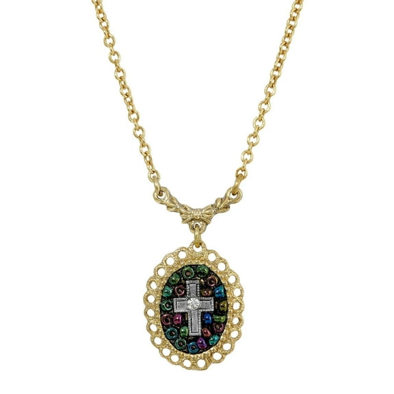 Symbols Of Faith Multi Color Seeded Beads & Crystal Cross Pendant Necklace 16" 3" Extender