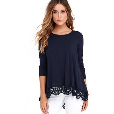 long sleeve round neck high low lace blouse
