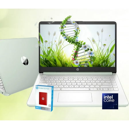 HP 14 Ultrabook * Intel 4-Core N150 * Microsoft 365 * Copilot AI * 32GB RAM * 1.6TB Storage (128GB UFS withHP 512GB P500 Portable SSD + 1TB OneDrive) * Wi-Fi 6 * 12 Hr Battery * Green * Win 11