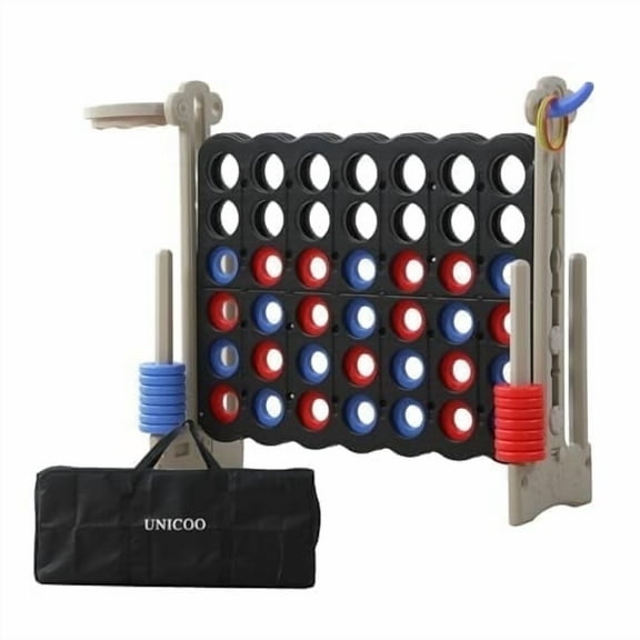 UNICOO® Height Adjustable Connect 4 Game Stand, 4 in A Row Game with Basketball Hoop, Ring Toss, Carrying Bag, Indoor Outdoor Yard Game, Parties & Family Gatherings (Black & Gray)