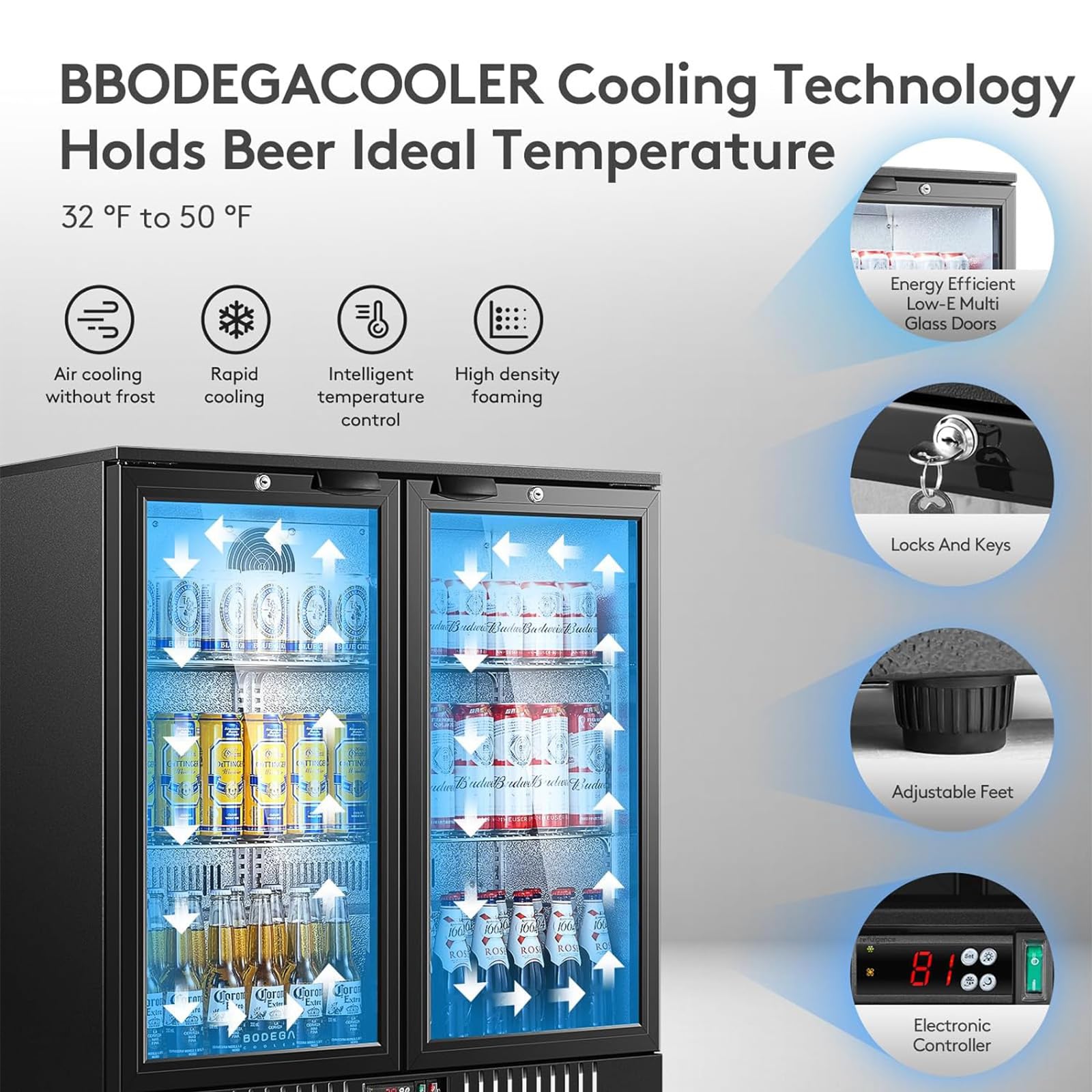 Back Bar Cooler With 2 Glass Doors, BODEGACOOLER 7.4 Cu.Ft. Capacity Back Bar Fridge with LED Lighting, Commercial Under counter Display Fridge for Beer, Soda Drinks, Wine