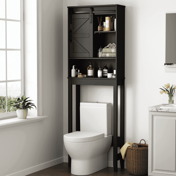 Over the Toilet Storage Cabinet, Bathroom Space Saver Organizer with Sliding Barn Door, Anti-Tipping Design, Waterproof, Adjustable Shelves for Laundry Room Organization