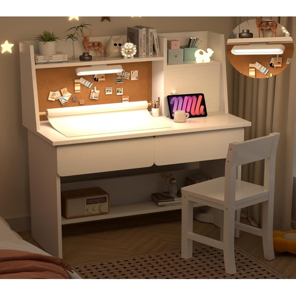 RUPOLX Wooden Lvory White Kids Study Desk and Chair Set with Light, Paper Roll Dispenser and 2 Drawers, Children Desk with Hutch and Shelves, Girls Study Desk for Kids Bedroom-004