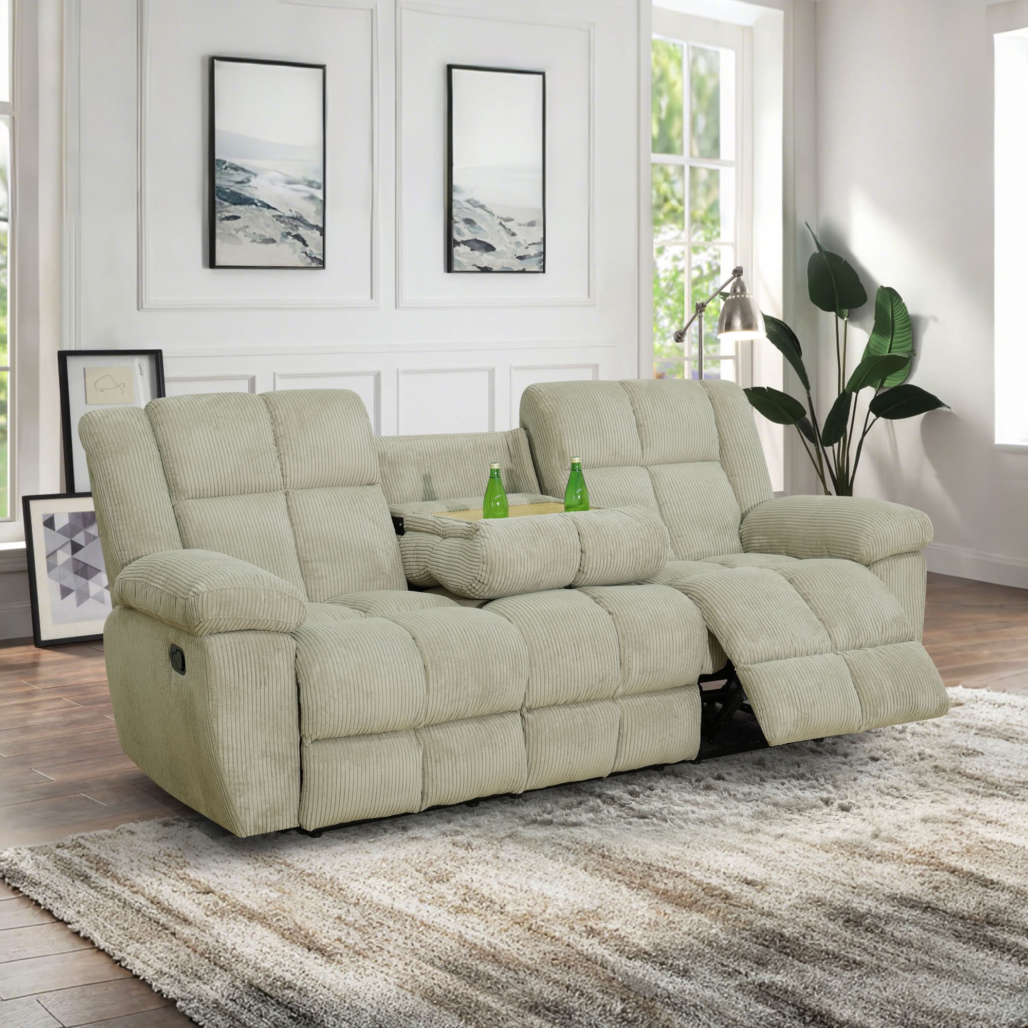 MAYEERTY 3-Seater Recliner Sofa, Off-White Stripe Fabric Manual Reclining Sofa with Flip-Up Cup Holder Board for Living Room