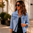thumbnail image 5 of Dweltoz Womens 3/4 Sleeve Short Denim Jacket Button Up Lapel Collar Washed Jean Jacket Coat Casual Outing Trendy Coat with Pockets,Light Blue 2XL, 5 of 6